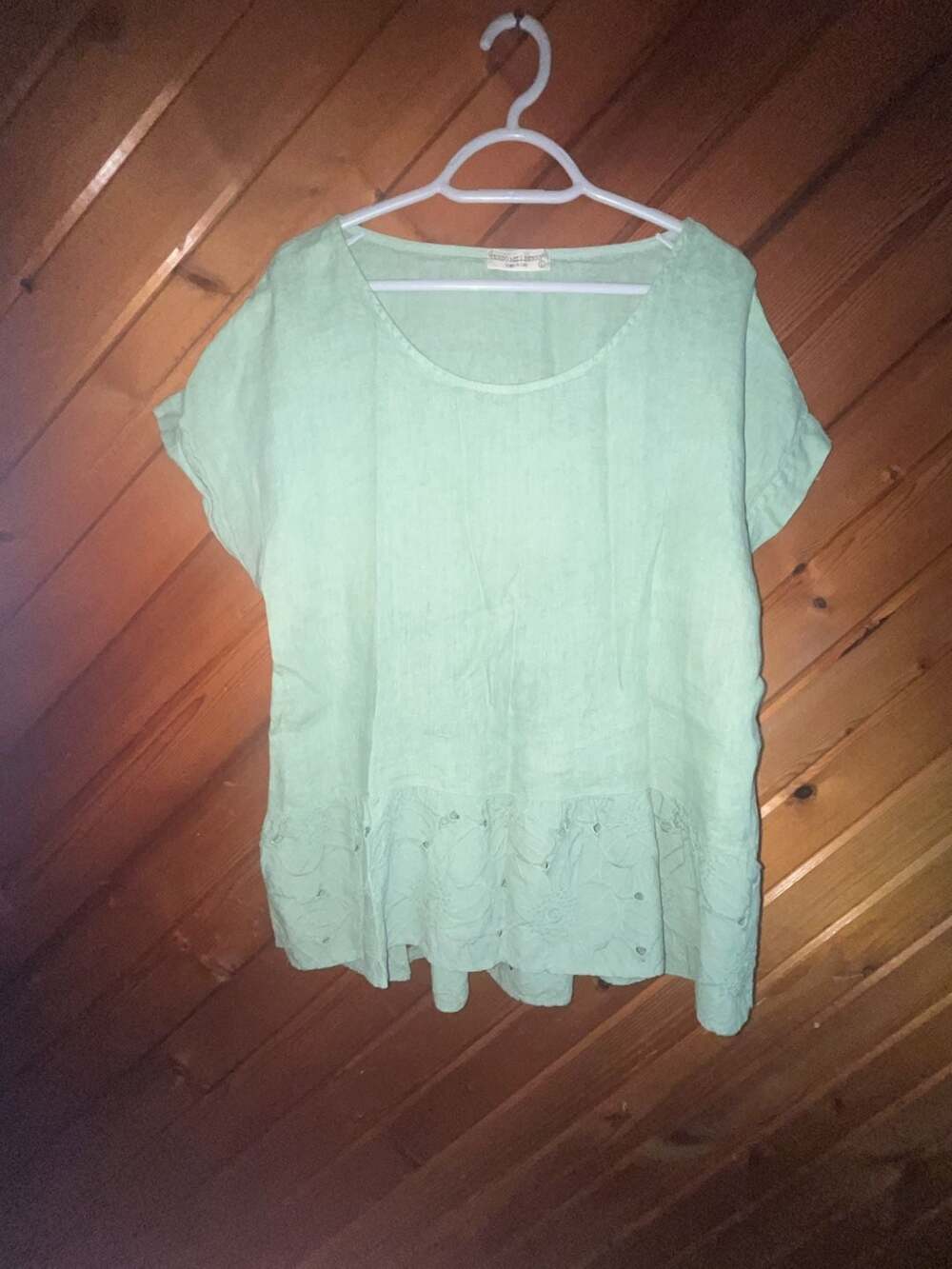 Terzo Millennio Italy Green 100% Linen Woman's Lagenlook Eyelet Hem Top Size L